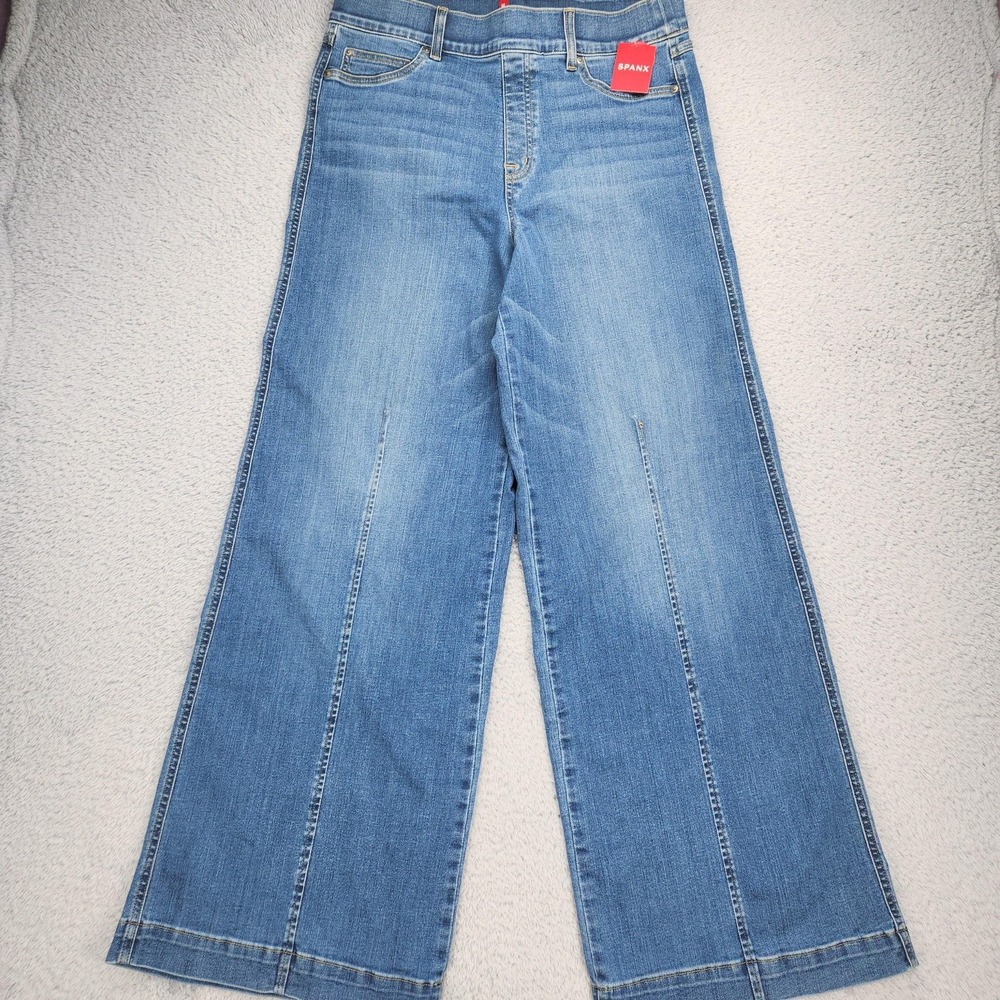 Spanx Jeans Womens XL Medium Wash High Rise Seamed Wide Leg Vintage Indigo Denim